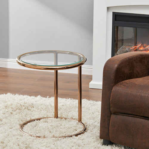 Living And Home Clear Tempered Glass Round Side Table with Metal Base 1