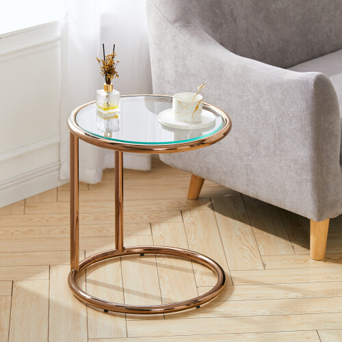 Living And Home Clear Tempered Glass Round Side Table with Metal Base