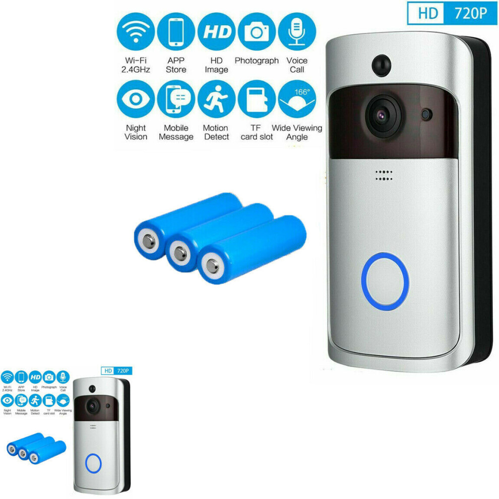 SILVER WIRELESS WIFI VIDEO DOORBELL SMART PHONE INTERCOM + BATTERIES