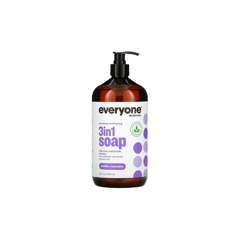 Everyone, 3 In 1 Soap, Body Wash, Bubble Bath, Shampoo, Vanilla + Lavender, 32 fl oz (946 ml)