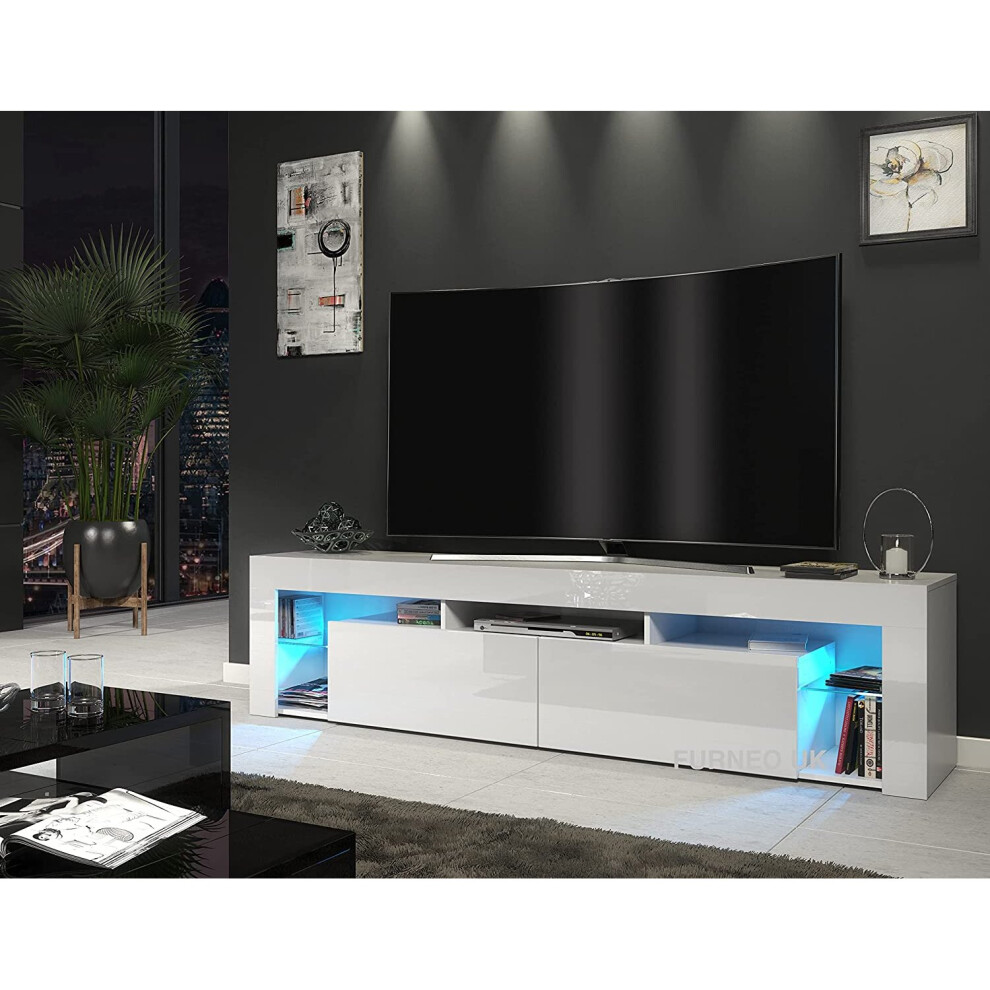 (RGB (multicoloured) LED Lights) White TV Stand 200cm Cabinet Unit Gloss & Matt Milano06 LED Lights