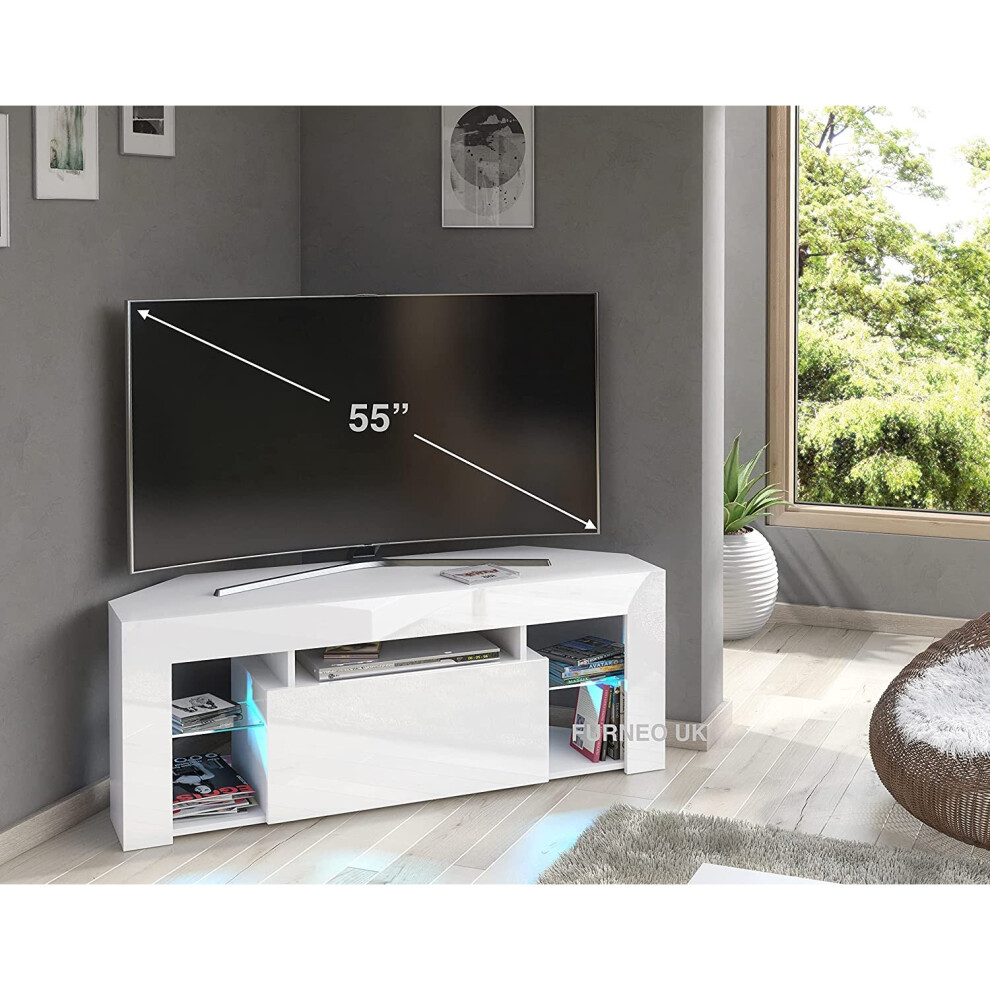Furneo (Rgb (Multicoloured) Led Lights) Corner Tv Stand 125Cm Unit Cabinet Gloss & Matt Milano05 Led Lights White