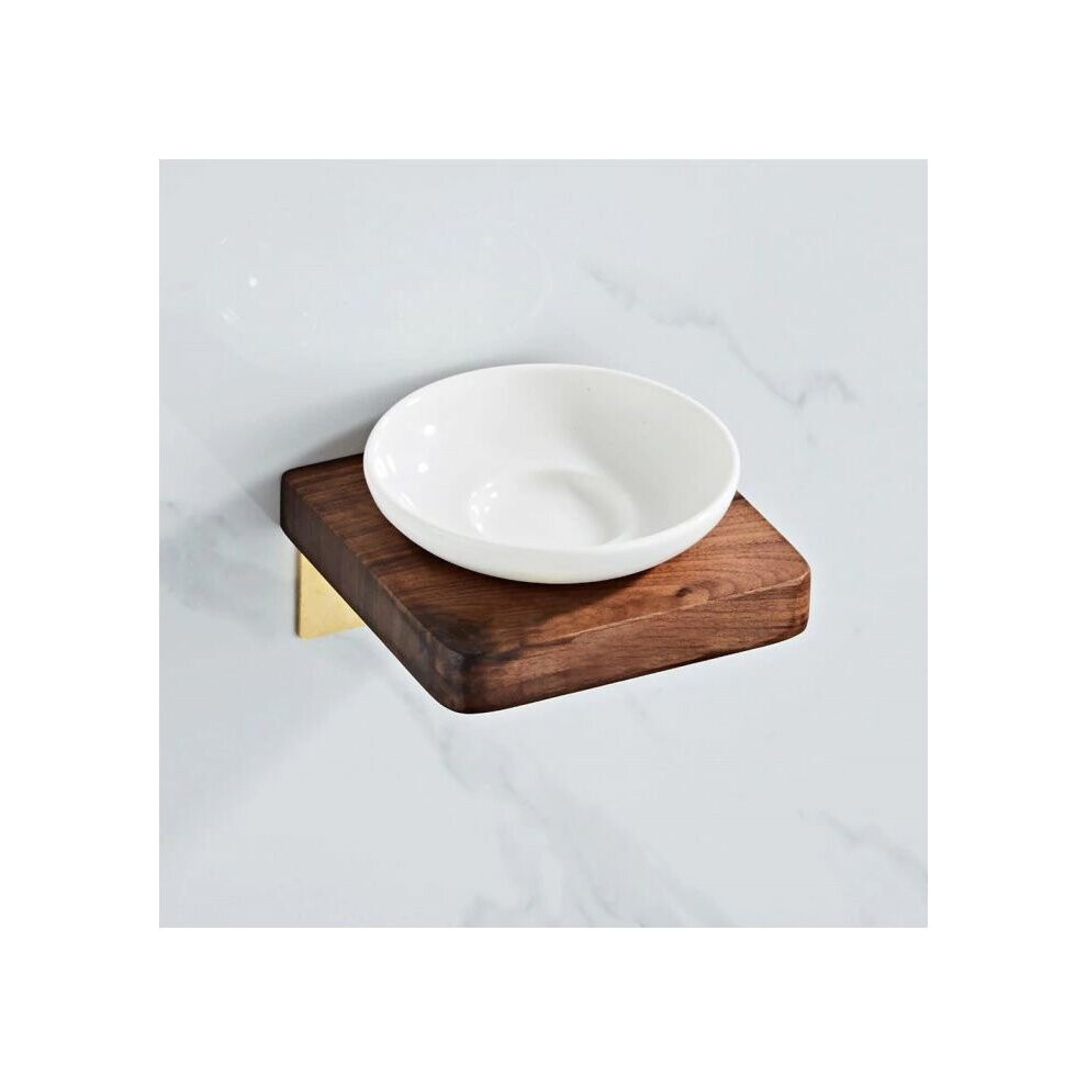 Abloh Luxury Ceramic Soap dish with Shelf Wooden Walnut & Brushed Gold-image-OPC-P8G26XB-NEW