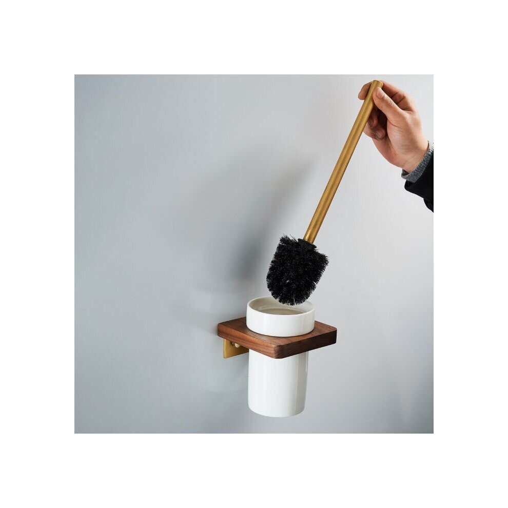 Abloh Luxury Toilet Brush, Holder and Ceramic Bowl Wooden Walnut & Gold