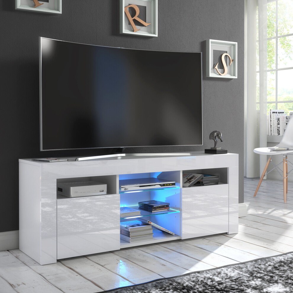 Furneo (Blue Led Light) Tv Stand 120Cm Unit Cabinet Gloss & Matt Puzzo Led Lights White