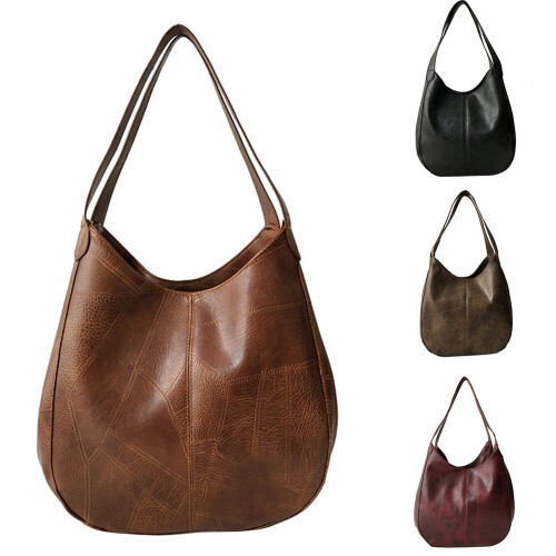 Vintage Women Solid Color Large Capacity Faux Leather Tote Shoulder Hobo Bag