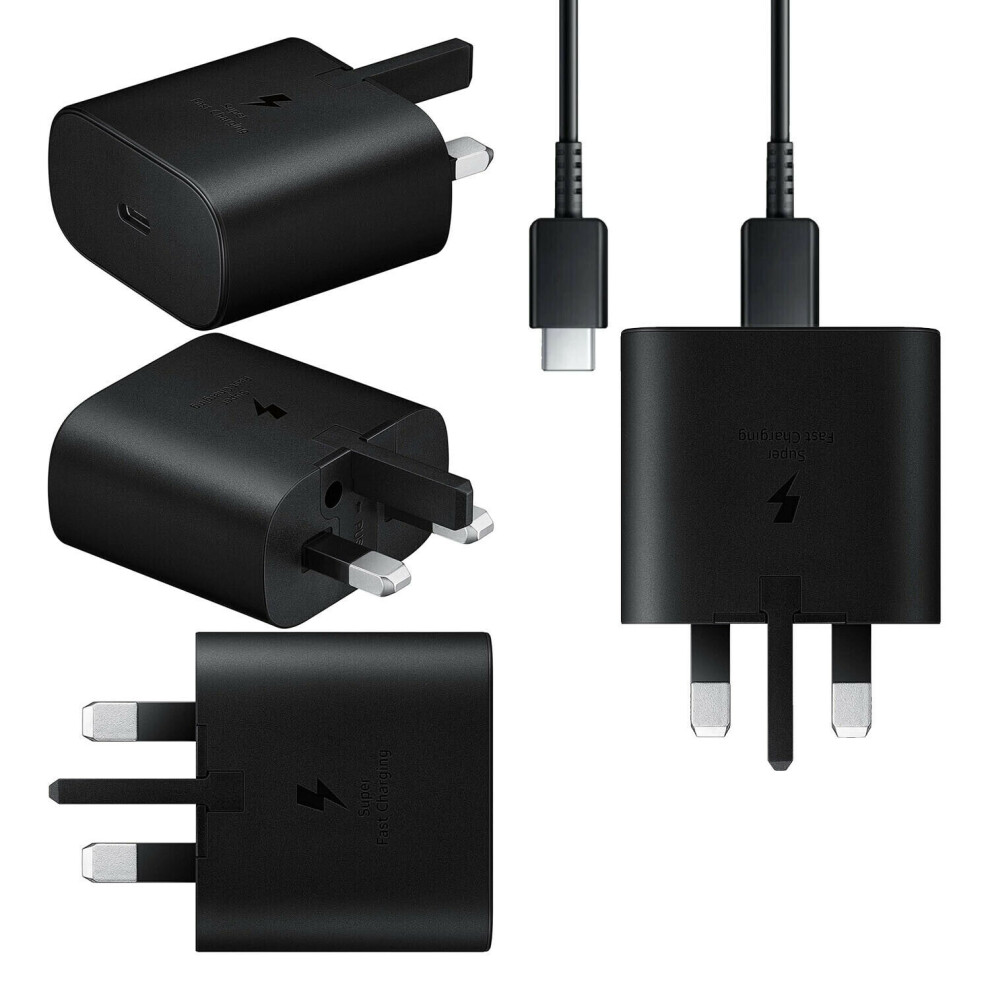 Official Samsung UK 3 Pin 2 Amp 25W Fast Mains Charger USB-C Data Cable In Black