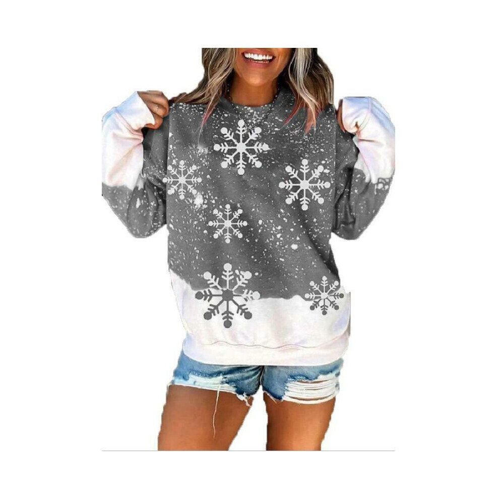 (Gray, 2XL) Christmas Snowflake Hoodie Womens Sweatshirt Jumper Santa Xmas Pullover Top