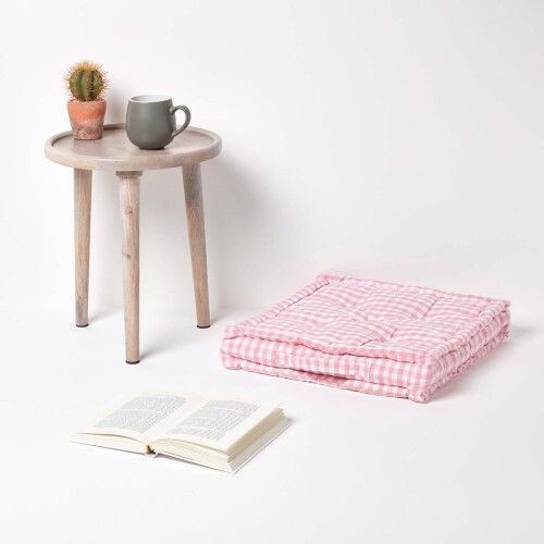 Homescapes (40 x 40 cm, Pink) Cotton Gingham Check Floor Cushion 1