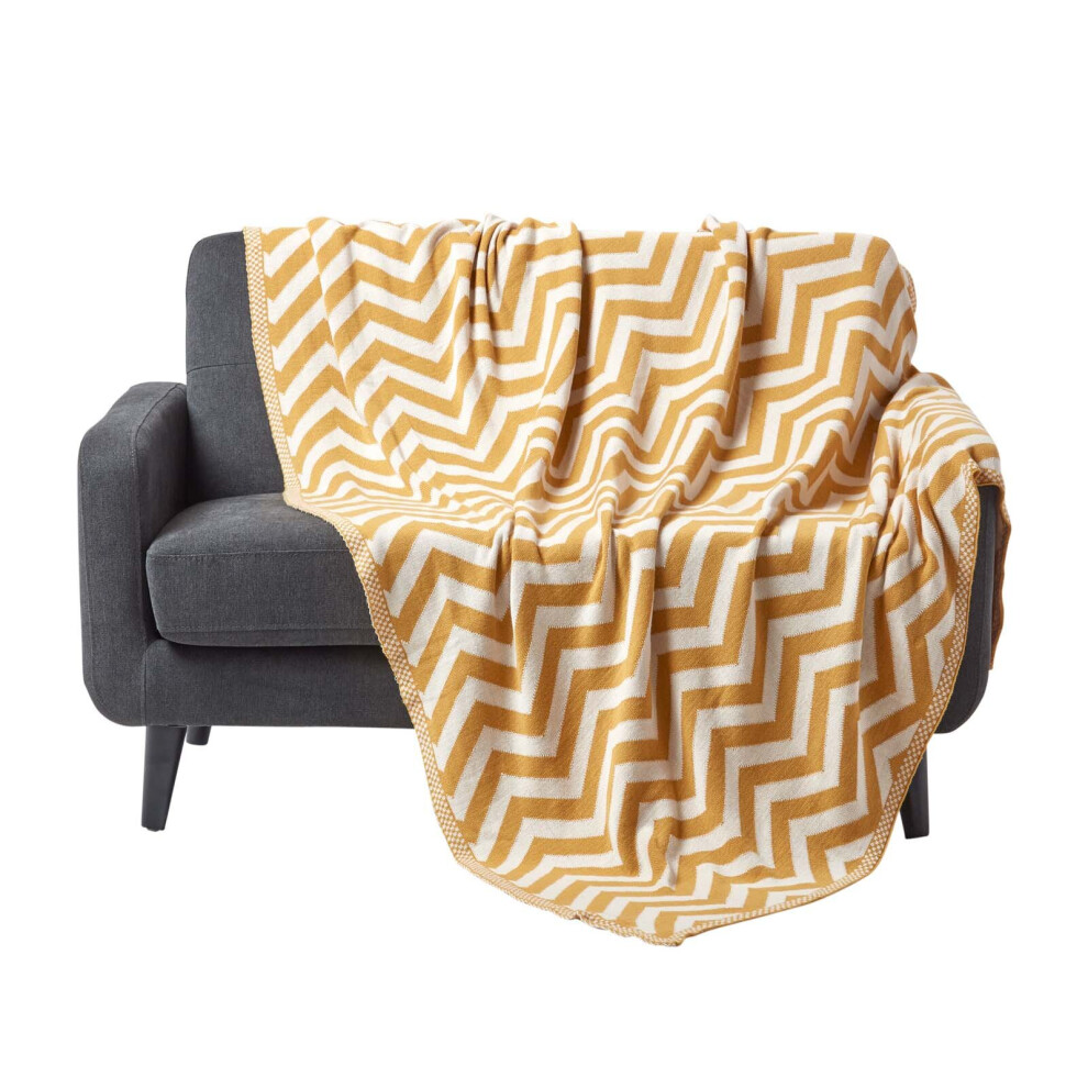 Homescapes (Yellow, 150 X 200 Cm) Chevron Cotton Knitted Throw