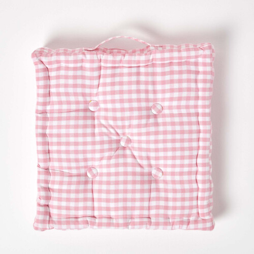 Homescapes (40 x 40 cm, Pink) Cotton Gingham Check Floor Cushion 2