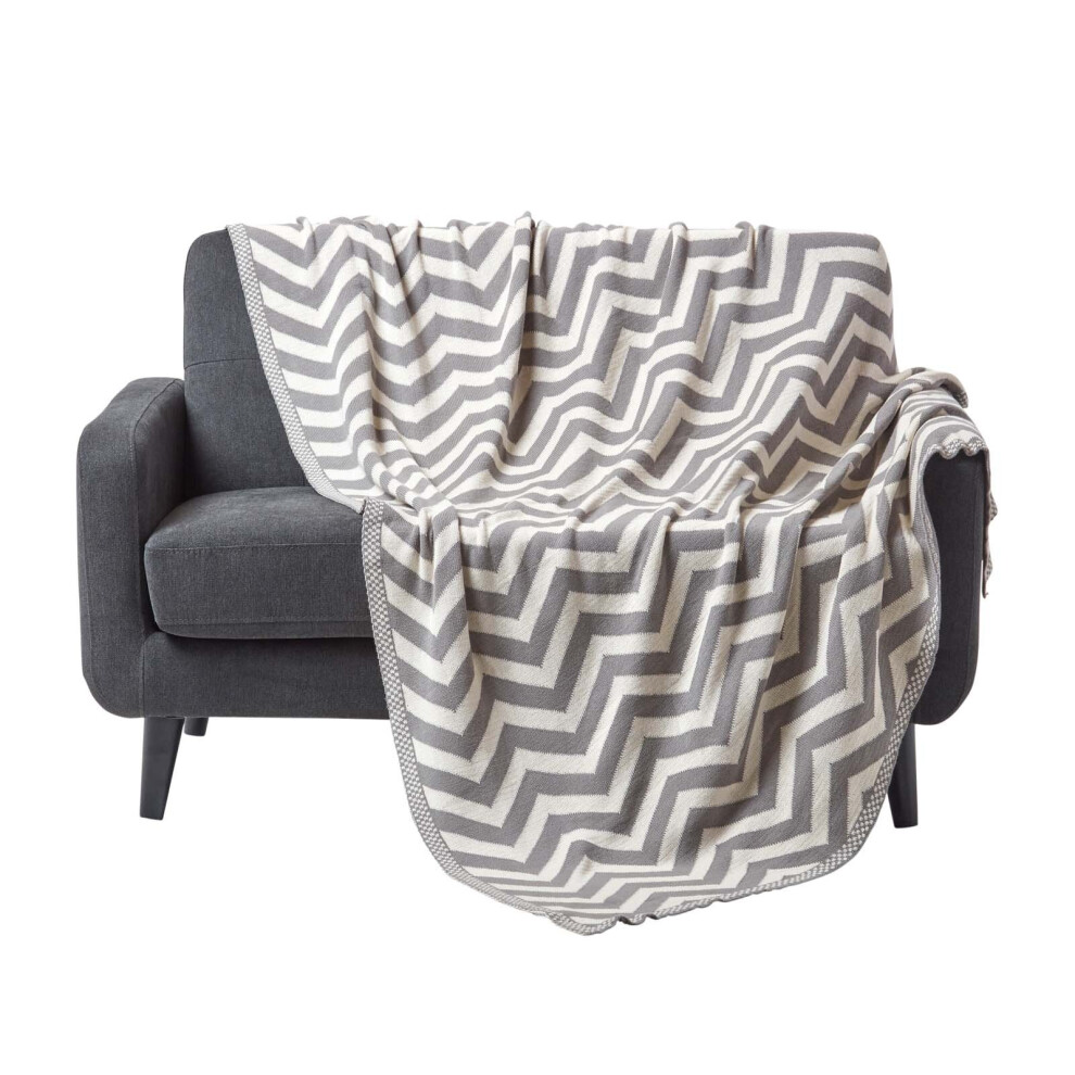 Homescapes (Grey, 130 X 170 Cm) Chevron Cotton Knitted Throw