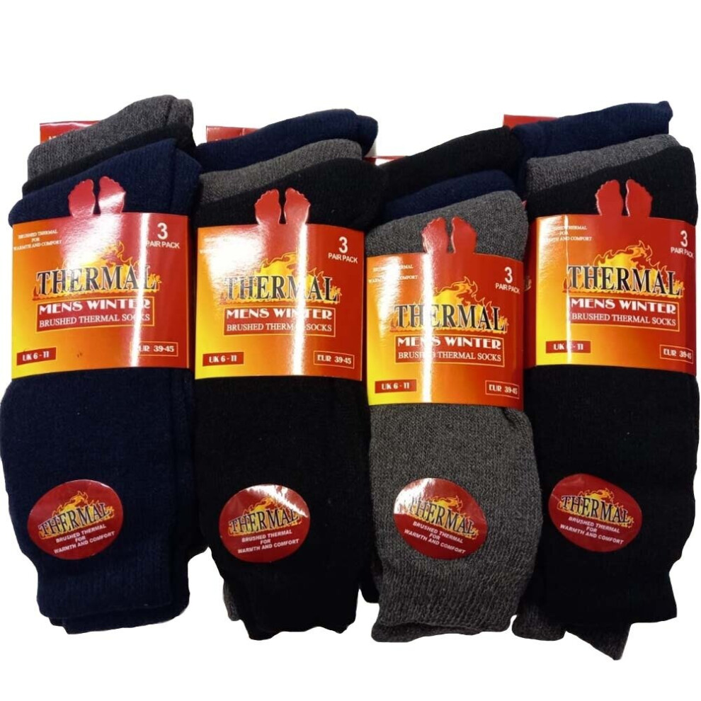 (Black-Navy-Grey) 12 Pair Pack Ultimate Mens Black Thermal Socks, Thick Warm Work Boot Socks UK 6-11