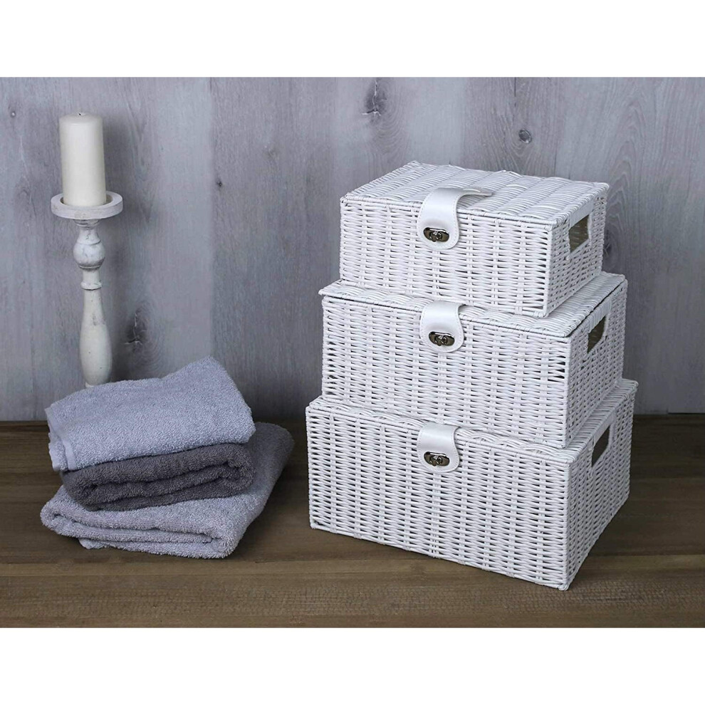 Hand Woven Hamper Storage Box Sets 3 x White with leather lock