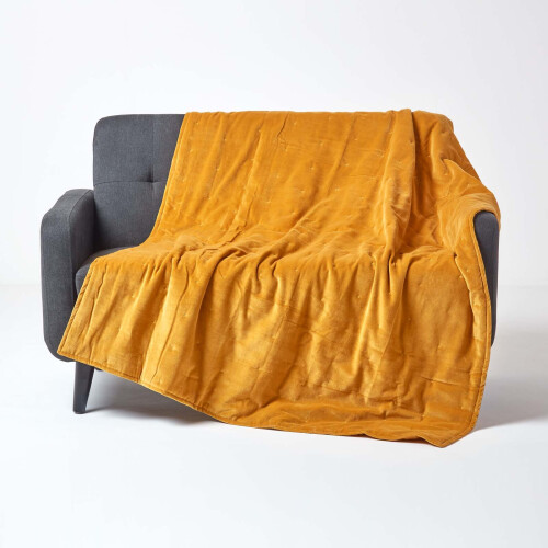 Homescapes (Mustard, 150 x 200 cm) Velvet Quilted Throw