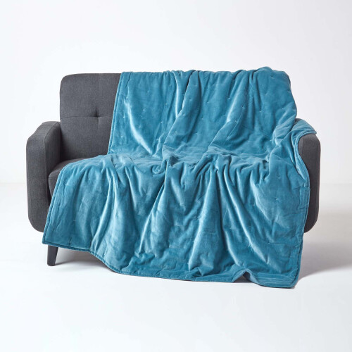 Homescapes (Blue, 125 x 150 cm) Velvet Quilted Throw