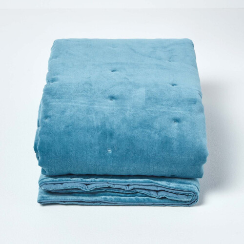 Homescapes (Blue, 125 x 150 cm) Velvet Quilted Throw 1