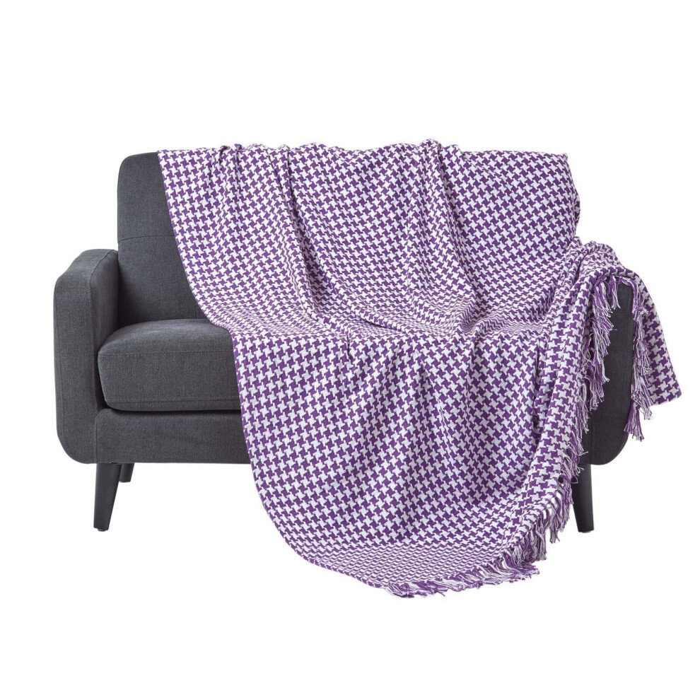 Homescapes (Purple, 225 X 255 Cm) Houndstooth 100% Cotton Bedspread Throw