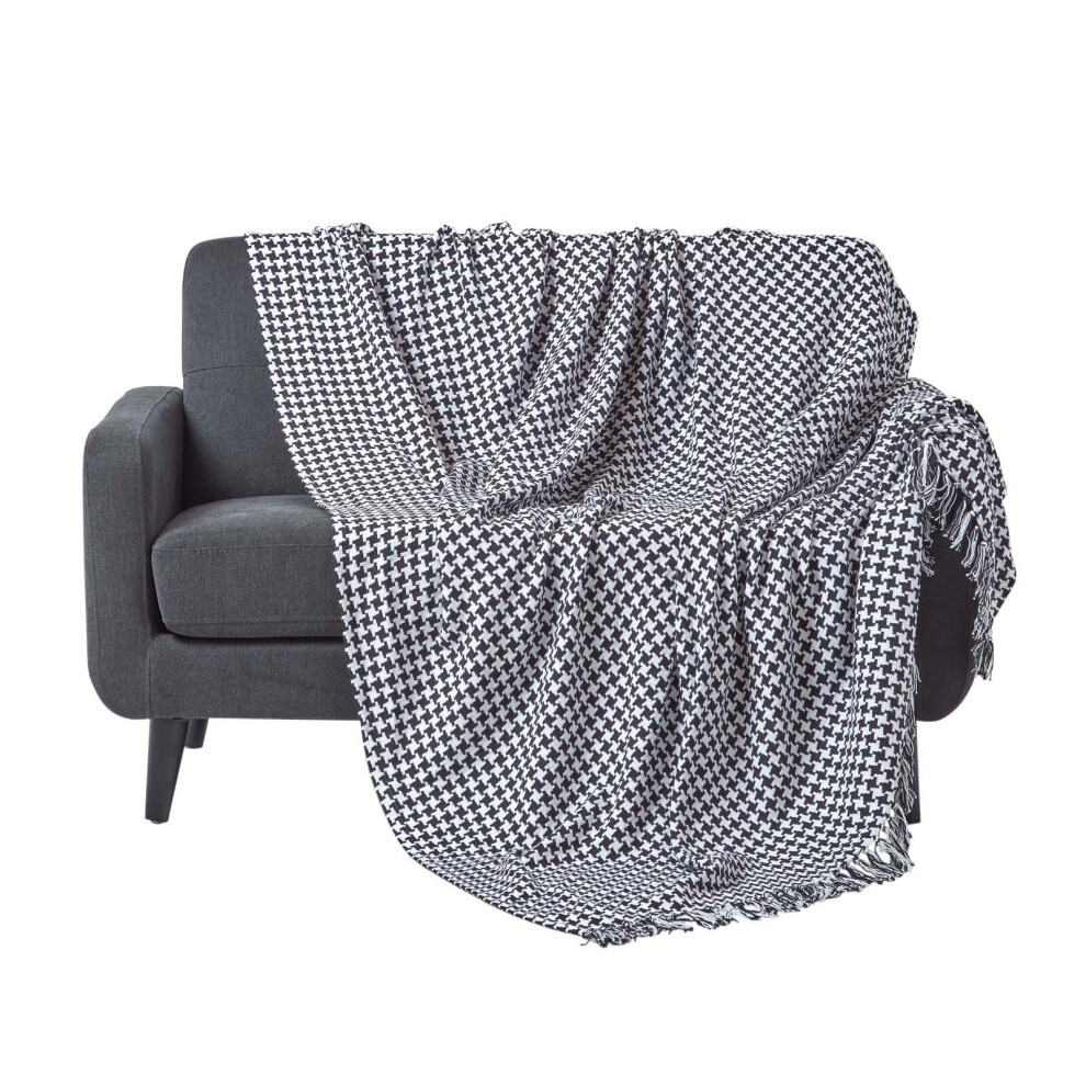 Homescapes (, 225 X 255 Cm) Houndstooth 100% Cotton Bedspread Throw Black