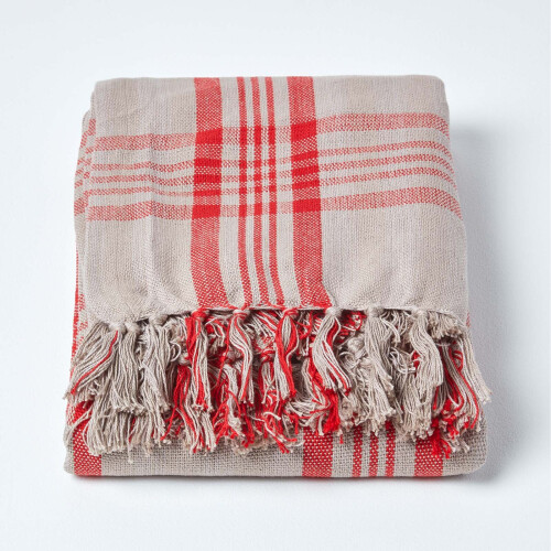 Homescapes (Grey & Red, 150 x 200 cm) Tartan Check Sofa and Bed Throw 1