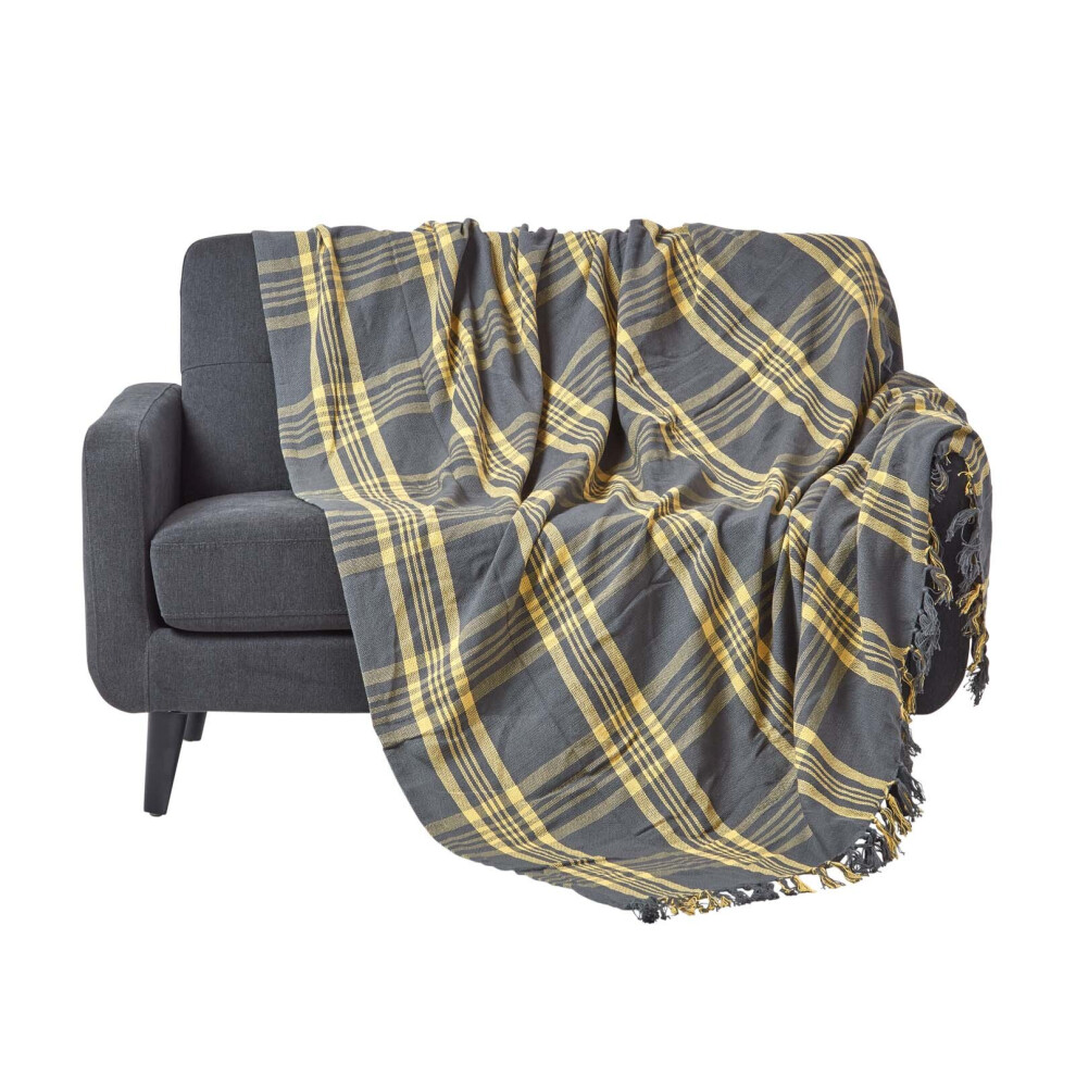 Homescapes (Grey & Yellow, 225 X 255 Cm) Tartan Check Sofa And Bed Throw Yellow,Grey