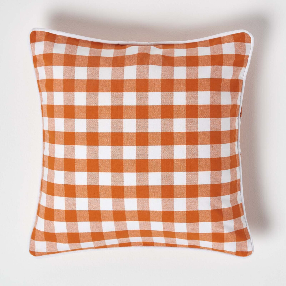 Homescapes (45 X 45 Cm, ) Block Check Cotton Gingham Cushion Cover Orange