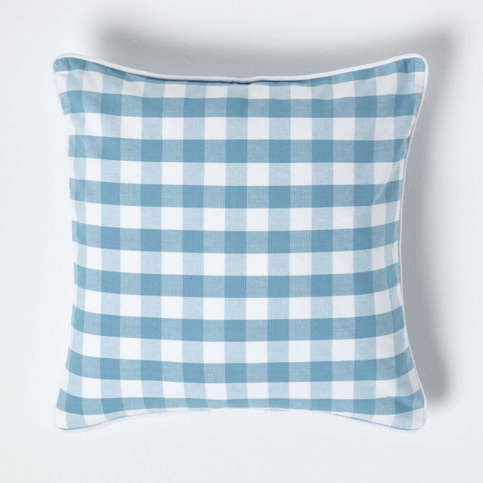 Homescapes (45 X 45 Cm, ) Block Check Cotton Gingham Cushion Cover Blue