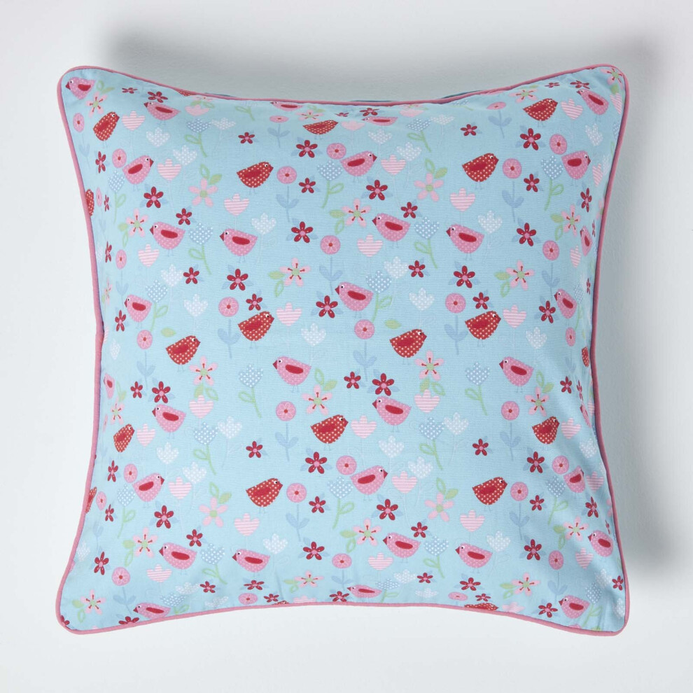 Homescapes (60 X 60 Cm) Cotton Birds And Flower Cushion Cover Blue