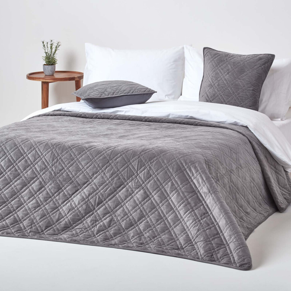 Homescapes (Dark 200 X 200 Cm) Luxury Quilted Velvet Bedspread Geometric Pattern Eternity Ring And Paragon Diamond Throw Grey