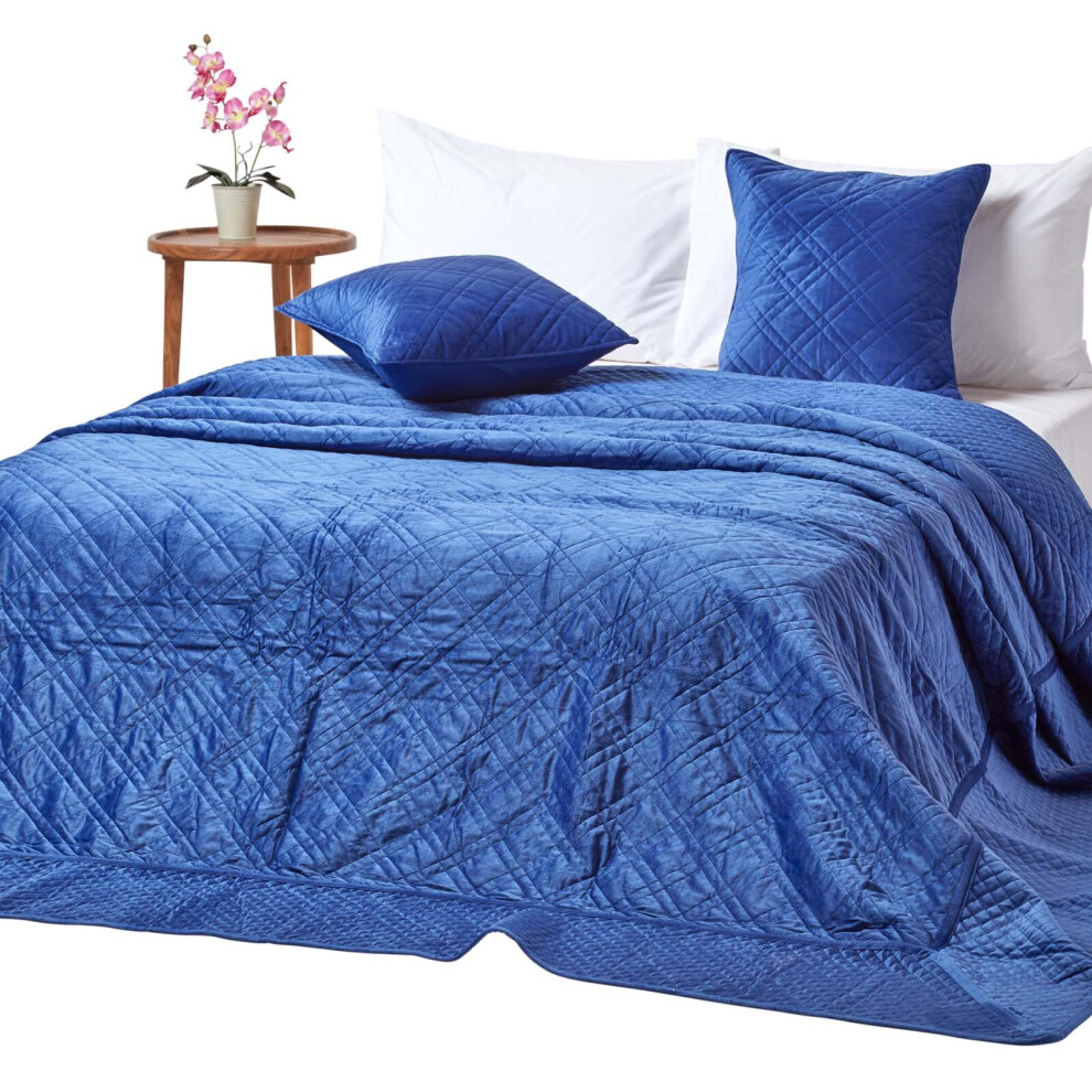 Homescapes (Navy 250 X 260 Cm) Luxury Quilted Velvet Bedspread Geometric Pattern Eternity Ring And Paragon Diamond Throw Blue