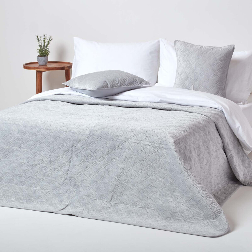 (Grey, 200 x 200 cm) Luxury Quilted Velvet Bedspread Geometric Pattern Eternity Ring and Paragon Diamond Throw