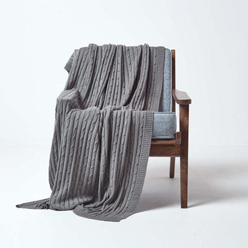 Homescapes (Grey, 150 x 200 cm) Cotton Cable Knit Throw 1