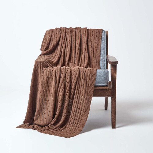 Homescapes (Chocolate, 130 x 170 cm) Cotton Cable Knit Throw 1