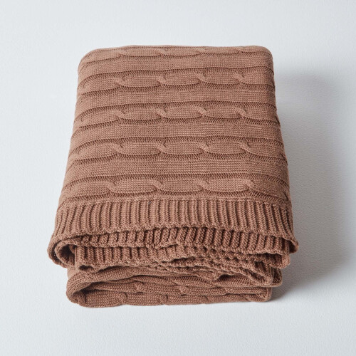 Homescapes (Chocolate, 150 x 200 cm) Cotton Cable Knit Throw 2