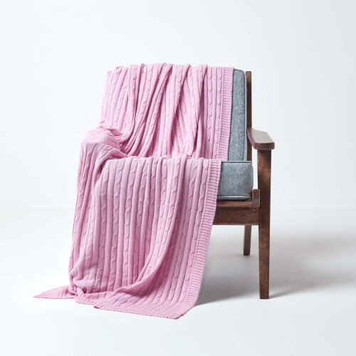 Homescapes (Pink, 130 x 170 cm) Cotton Cable Knit Throw 1