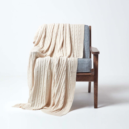 Homescapes (Natural, 130 x 170 cm) Cotton Cable Knit Throw 1