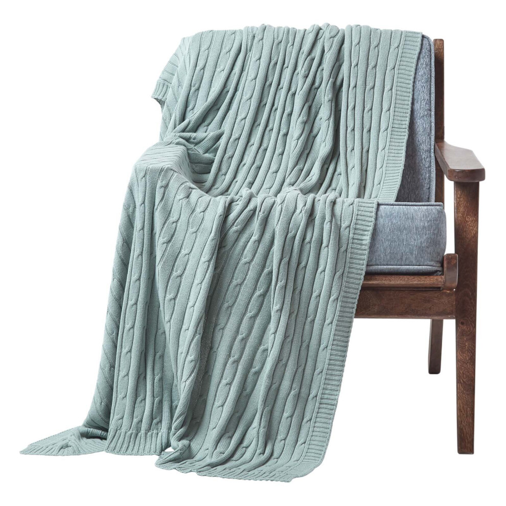 (Duck Egg Blue, 130 x 170 cm) Cotton Cable Knit Throw