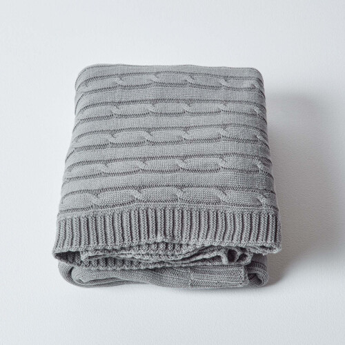 Homescapes (Grey, 150 x 200 cm) Cotton Cable Knit Throw 2