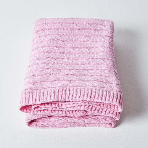 Homescapes (Pink, 130 x 170 cm) Cotton Cable Knit Throw 2