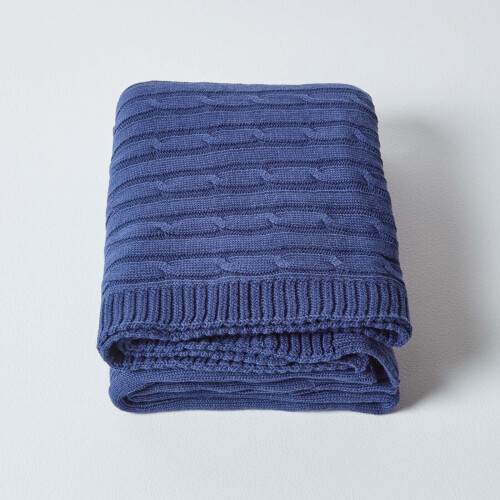 Homescapes (Navy, 150 x 200 cm) Cotton Cable Knit Throw 2