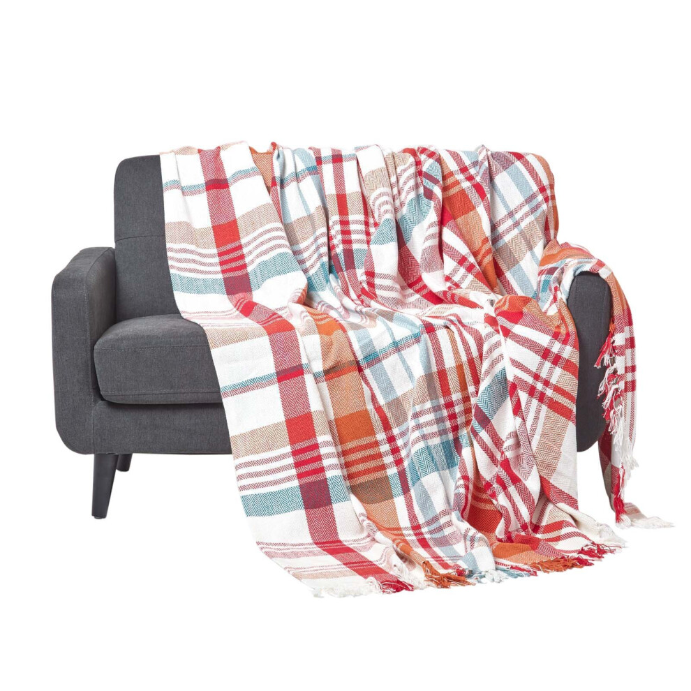 Homescapes (, 225 X 255 Cm) Tartan 100% Cotton Falun Throw With Tassels Red