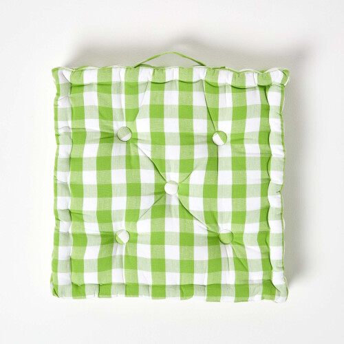Homescapes (40 x 40 cm, Green) Block Check Cotton Gingham Floor Cushion 2