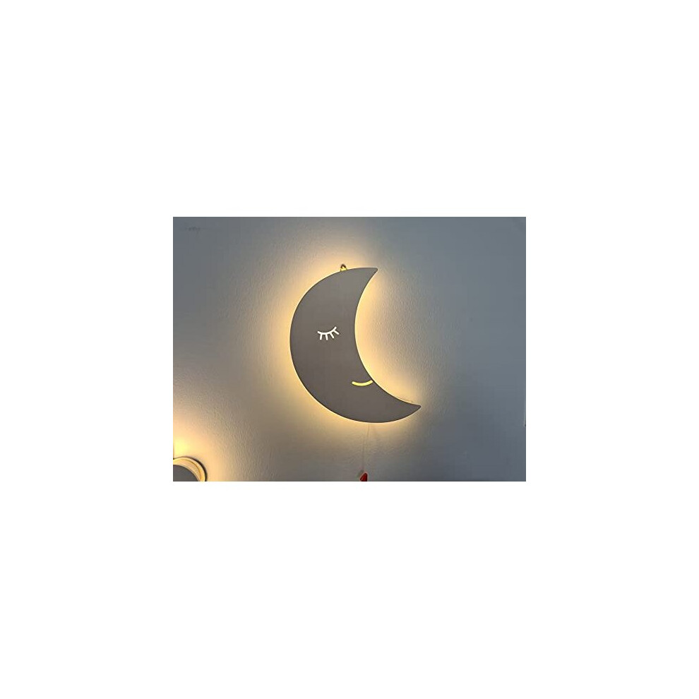 (Moon) White Wooden Night Light Wall Mounted Nursery Lighting