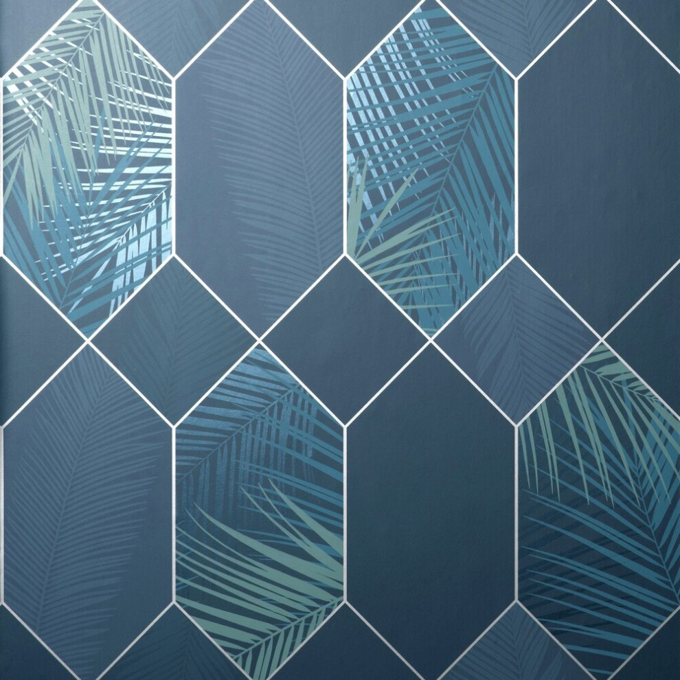 Fine Decor Miami Troprical Geo Navy Silver Wallpaper FD42837