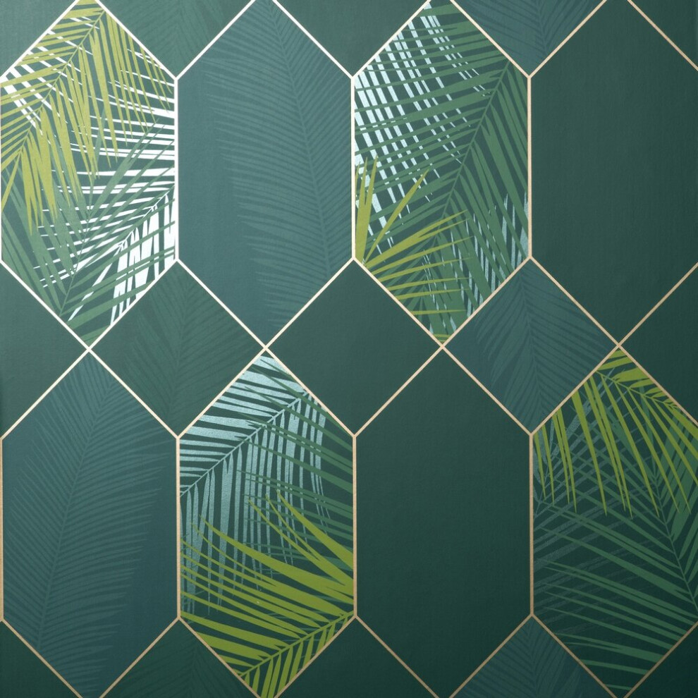 Fine Decor Miami Troprical Geo Emerald Gold Wallpaper FD42836