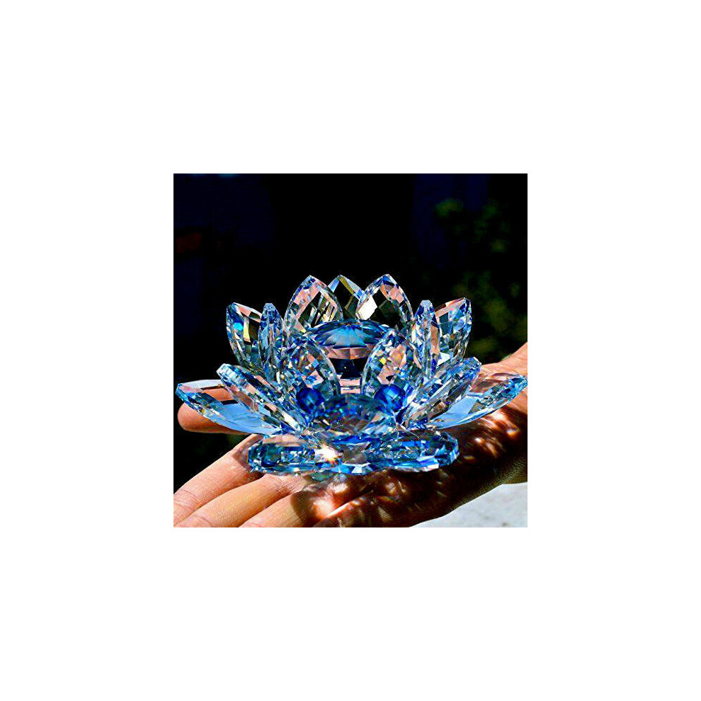 LARGE BLUE CRYSTAL LOTUS FLOWER ORNAMENT WITH GIFT BOX CRYSTOCRAFT