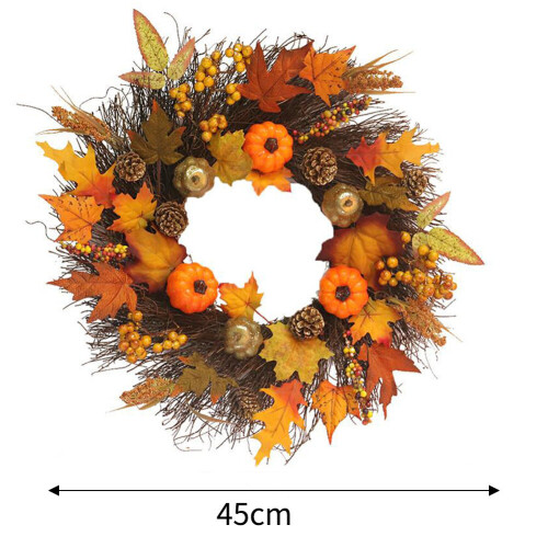 Living And Home 45CM Halloween Fall Pumpkin Wreath Autumn Maple Leaf Garland With LED Light 1