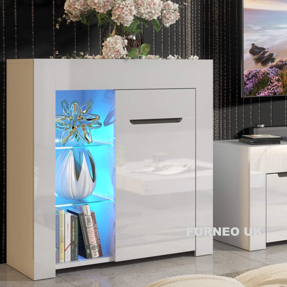 (Blue LED Lights) White Cabinet Cupboard Sideboard Gloss & Matt Milano10 LED Light