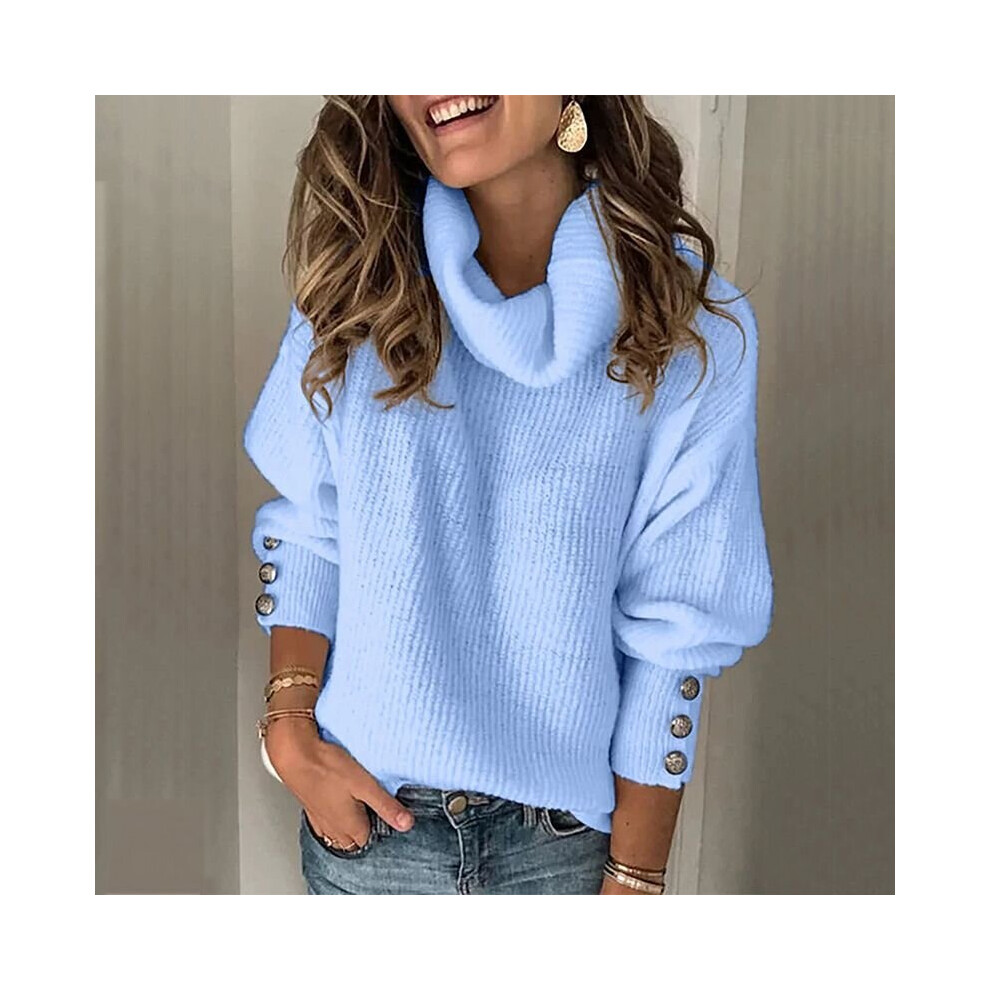 (Sky Blue, M) Women Long Sleeve Sweater Knitted Jumper Pullover Knitwear Autumn High Neck Tops