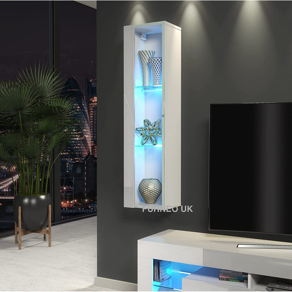 Furneo ( Led Lights ) White Floating Display Cabinet Wall Unit Art01 Led Lights Blue